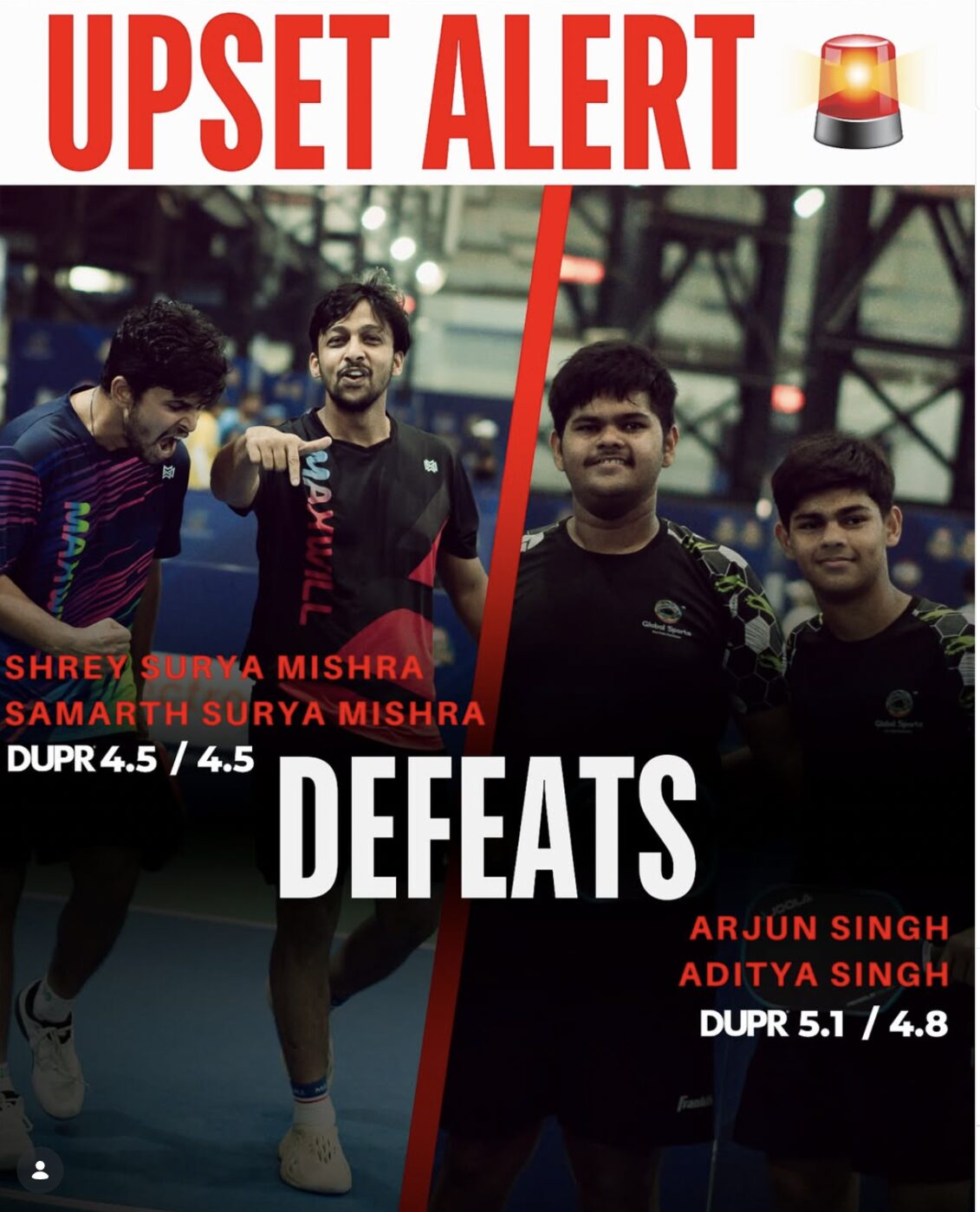 Upset alert: Shrey Surya Mishra and Samarth Surya Mishra (DUPR 4.5/4.5) defeat Arjun Singh and Aditya Singh (DUPR 5.1/4.8)